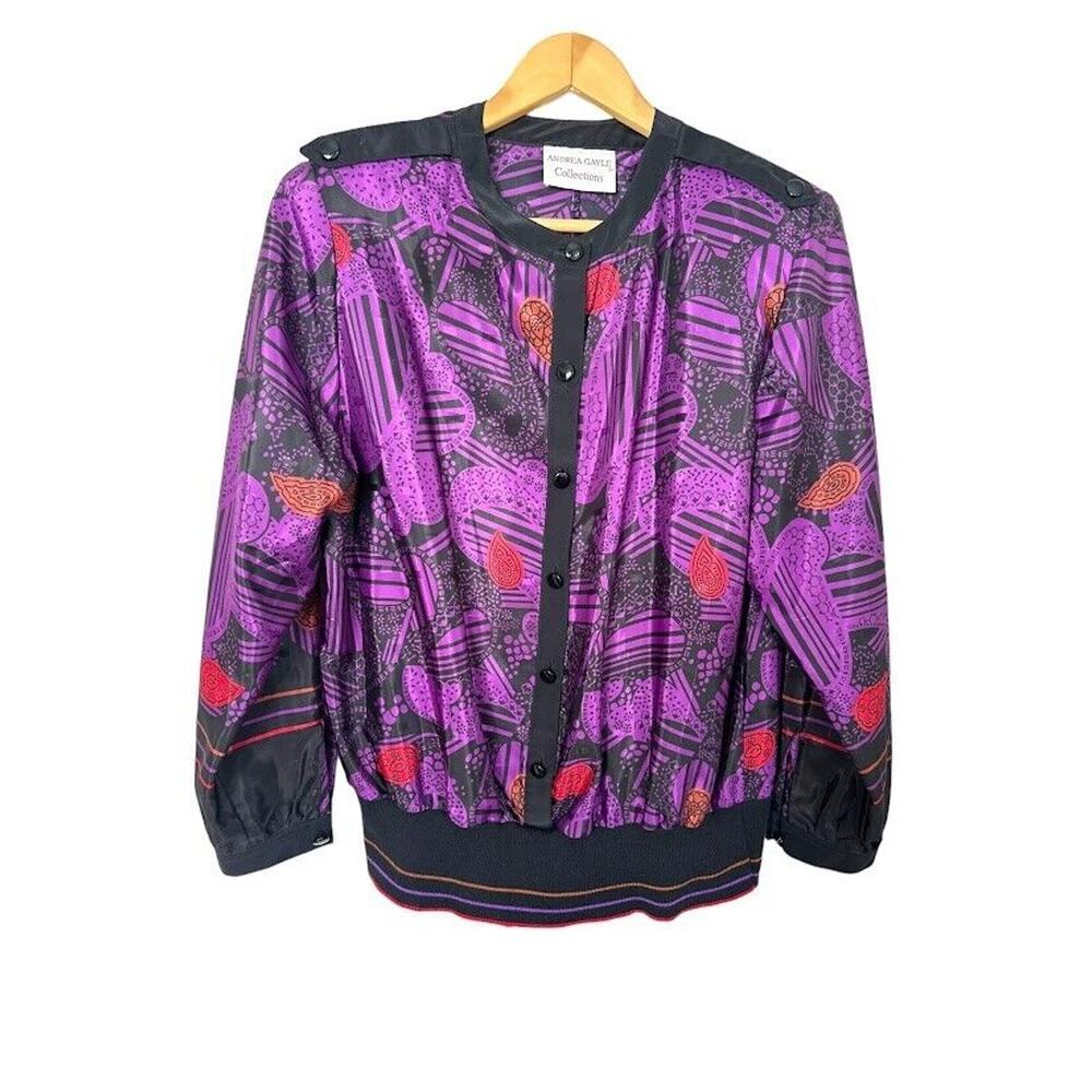 Andrea Gayle VINTAGE 80s Abstract Purple Black Midi Pleated Skirt Blouse Size 14 - Picture 8 of 16